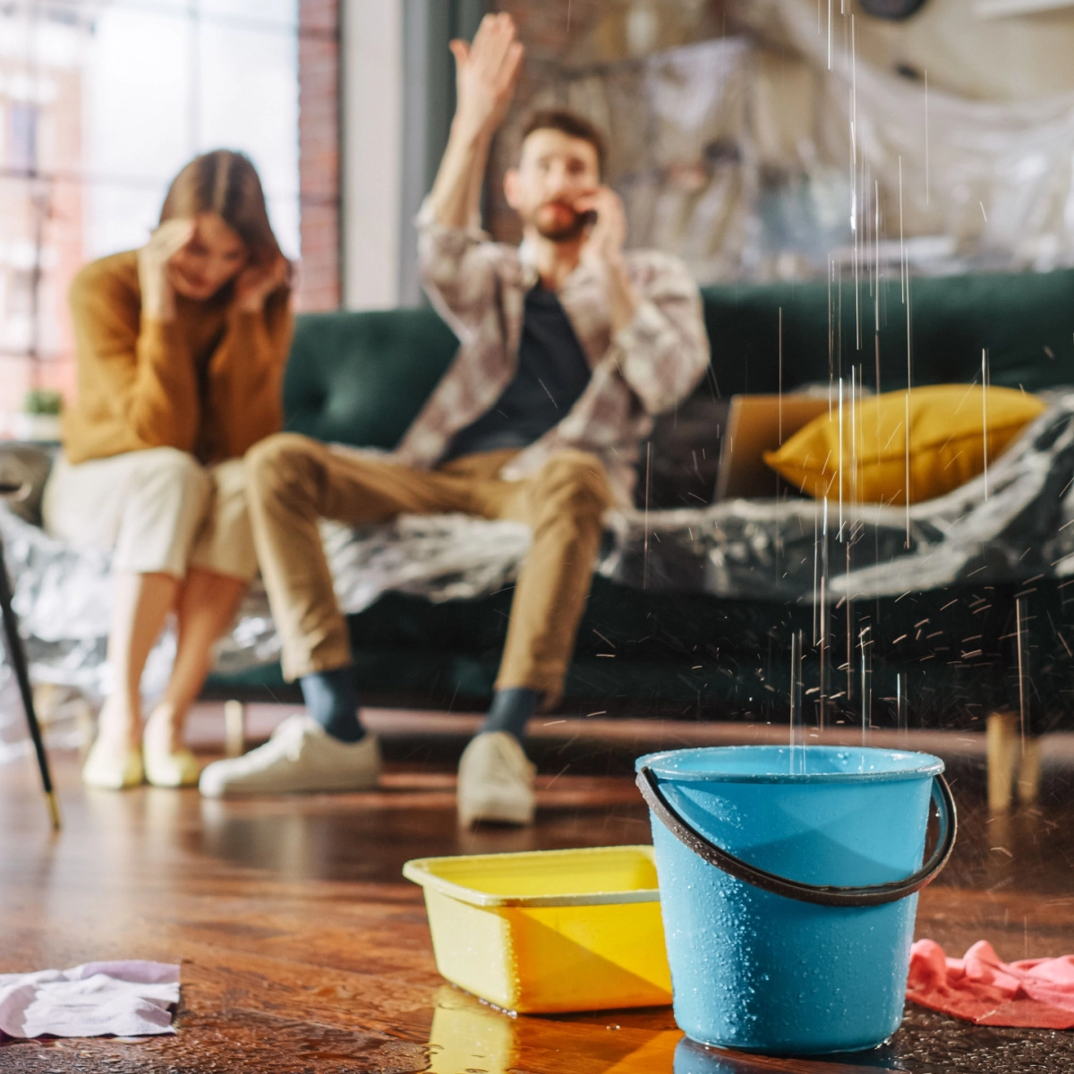 A couple sits on a couch indoors. The man is on the phone, raising his hand, while the woman covers her ears. Water drips from the ceiling into buckets on the floor, indicating a leak. Plastic sheets cover parts of the room, suggesting an ongoing Sugar Land roof repair.