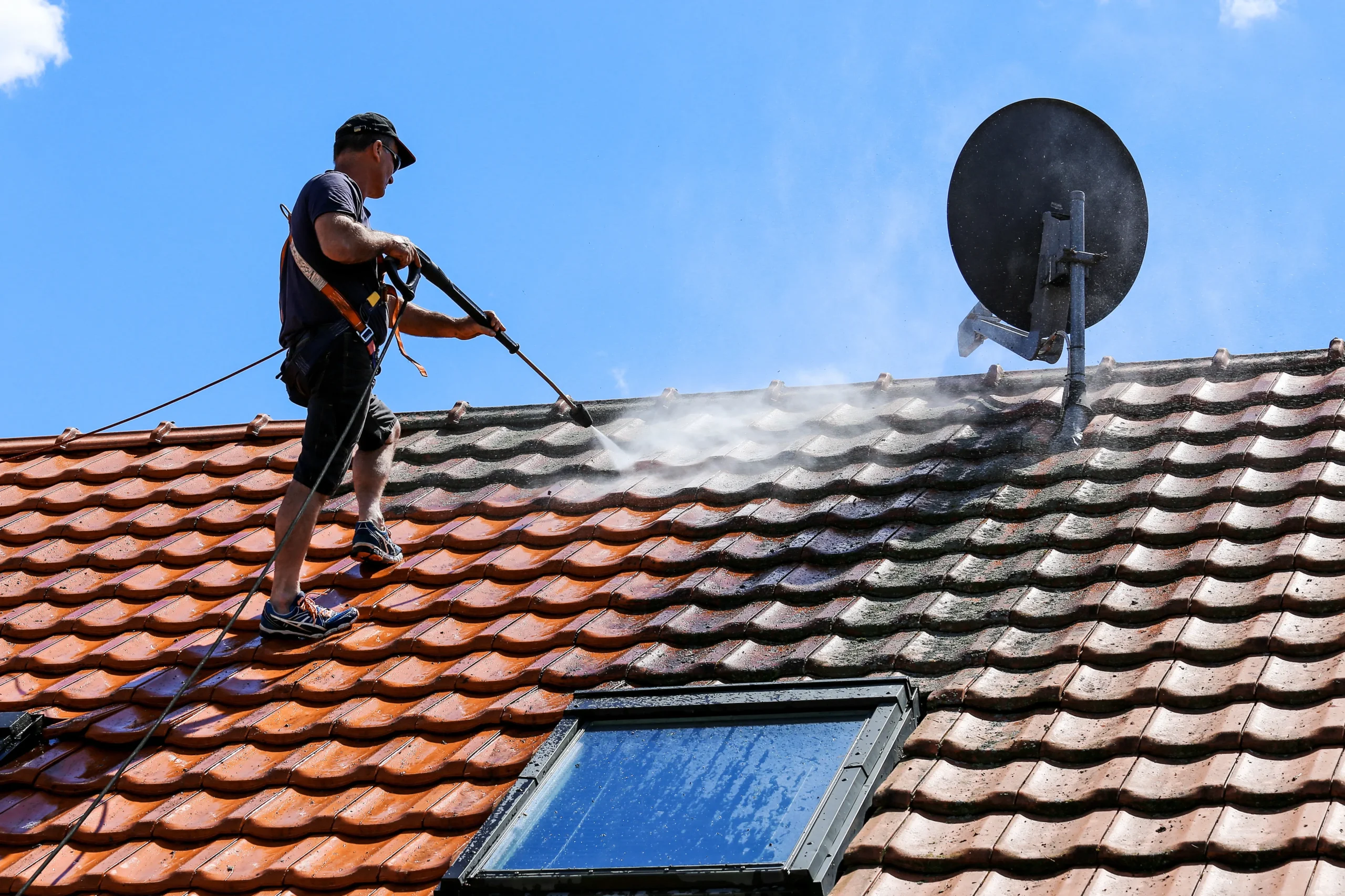A worker wearing safety gear pressure washes a tiled roof. The roof has sections of black stains, and he is cleaning part of it to a lighter, almost red color. There is a satellite dish mounted on the roof, and a skylight window is visible in the foreground.