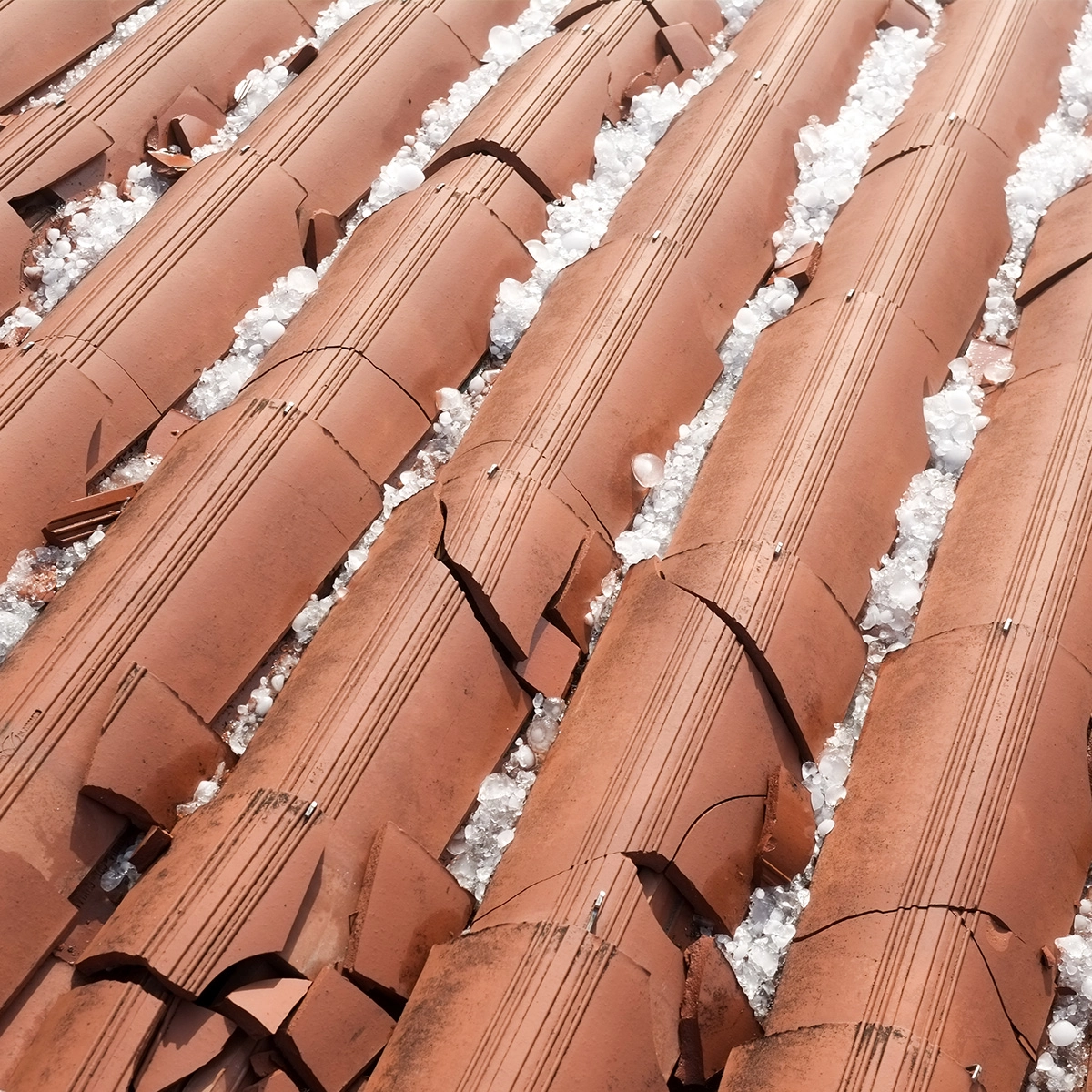 The red clay roof tiles are damaged and cracked, revealing a layer of white hailstones that have accumulated in the gaps. The small, densely packed hailstones underscore the extent of recent hail roof damage.