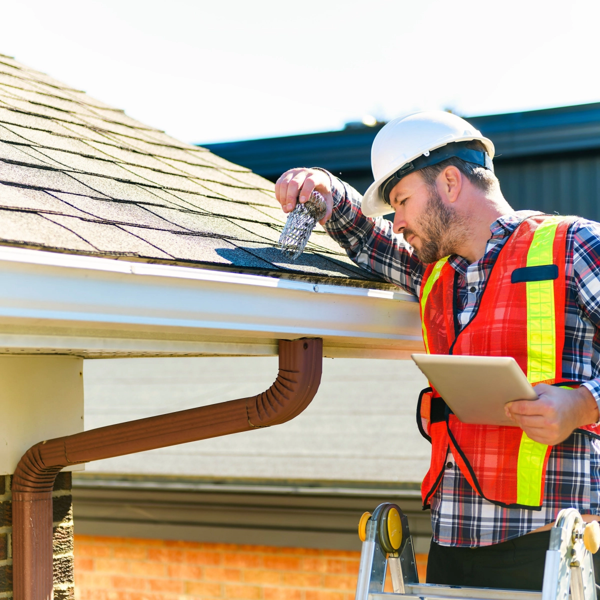 A worker wearing a white hard hat, orange safety vest, and plaid shirt stands on a ladder conducting a pecan grove roof inspection. He is holding a piece of debris while noting findings on a tablet. The background shows part of the house roof and blue sky.