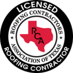 Logo of the Roofing Contractors Association of Texas. It features a red outline of the state of Texas in the center with the letters "RCA" inside. "Licensed Roofing Contractors Association of Texas" is written in a circular border.