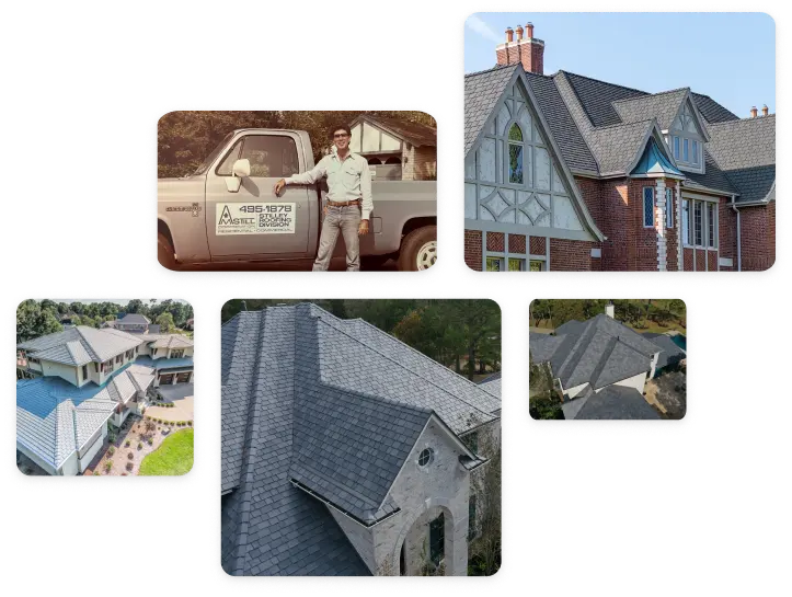 A collage of images showcasing various roofing projects from a roofing company near you. Includes a man standing by a company truck, Tudor-style houses with intricate roof designs, and a modern house with a large, gray slate roof. The roofs highlight different architectural styles and materials.