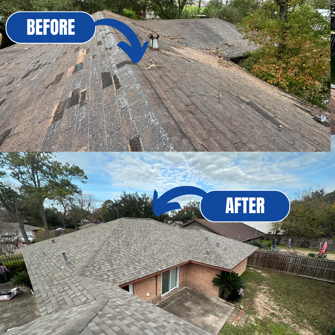 Two images of the same house highlighting a roof renovation. The top image labeled "Before" shows an old, worn-out roof with missing shingles. The bottom image labeled "After" showcases the completed repair with new, architectural shingles vs 3 tab, illustrating a striking transformation.