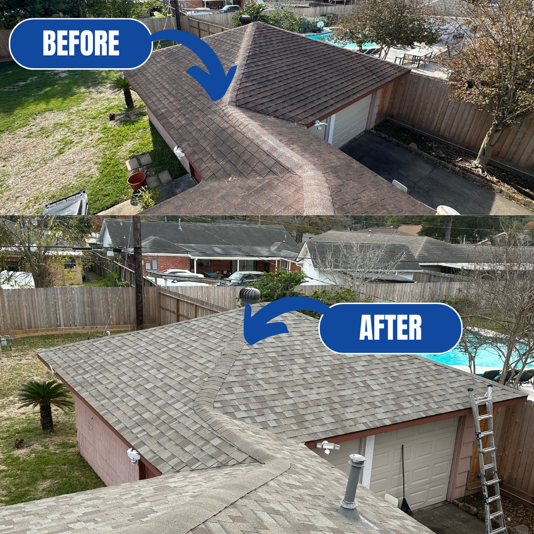 A split image shows a garage roof before and after repairs. The top half displays the older, darker 3-tab shingles with an arrow labeled "BEFORE." The bottom half showcases the same roof with new, lighter architectural shingles and an arrow labeled "AFTER.