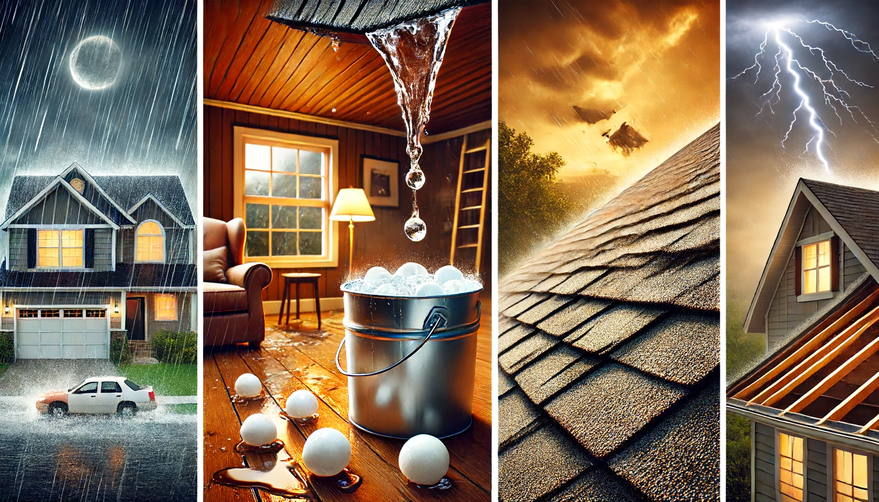 A series of four images illustrating severe weather effects on homes: heavy rain outside a house, water dripping into a bucket inside, strong winds lifting roof shingles, and lightning striking near a house under a dark, stormy sky.