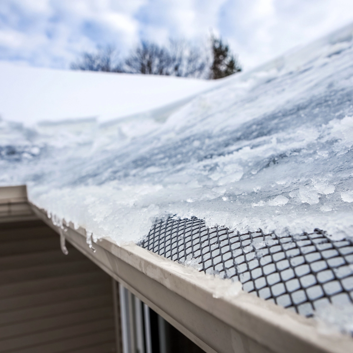 A close-up shot of an ice dam forming on the edge of a roof, hinting at potential winter roof damage. Snow is piled up above, and the gutter has a mesh guard over it with icicles hanging off the edge. The sky in the background is partly cloudy, creating a serene yet concerning cypress winter scene.