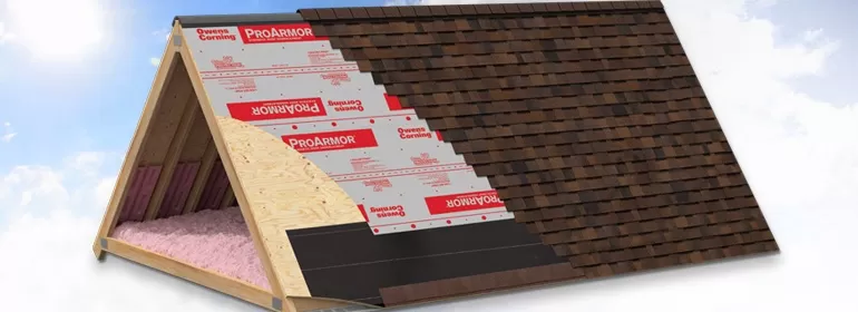 A diagram of a pitched roof cross-section, displaying layers including insulation, plywood sheathing, underlayment labeled "ProArmor," and asphalt shingles. One side is fully covered with shingles, while the other shows the layers in progressive stages.