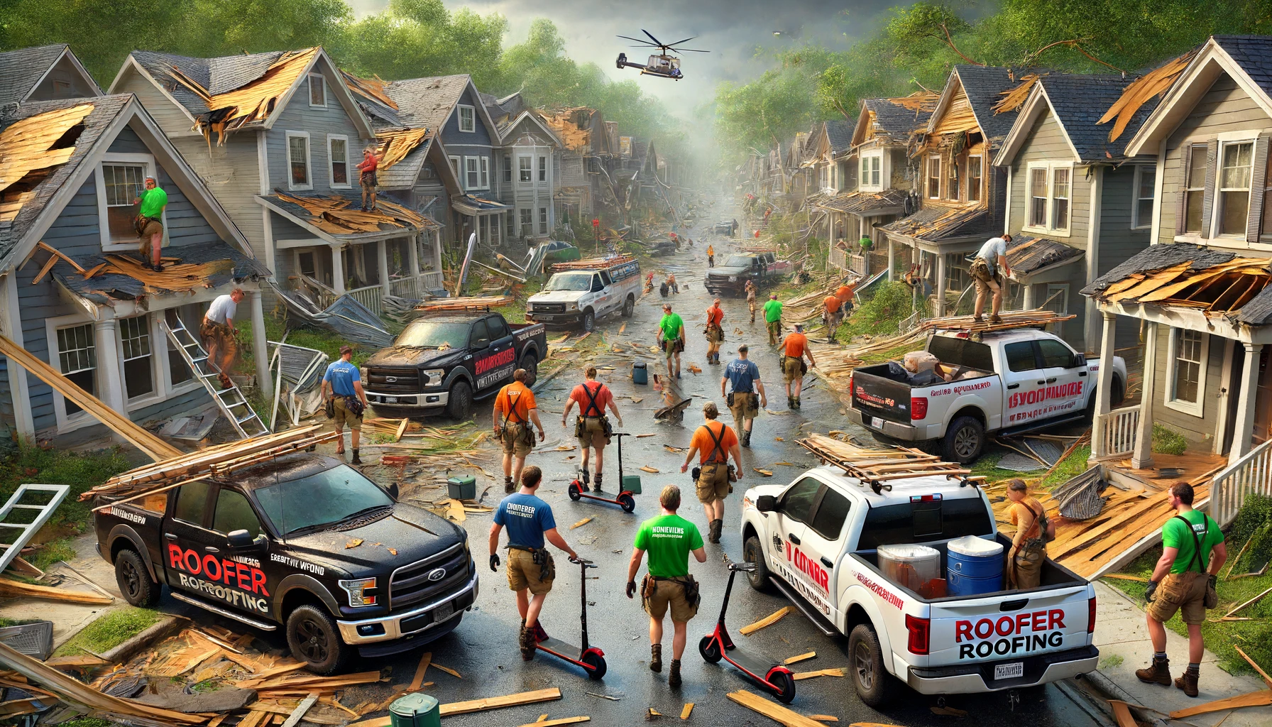 A busy street undergoing significant roof repairs after a storm. Multiple workers in vibrant shirts and safety gear are repairing rooftops, while several trucks labeled "Roofer Roofing" are parked. Debris is scattered, and a helicopter is visible in the sky.