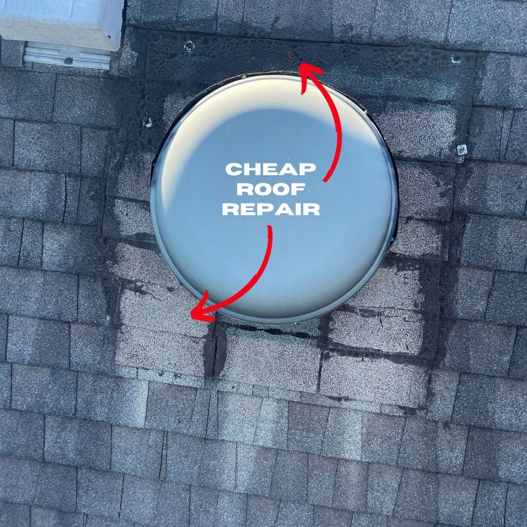 #1 Roofing Contractor in Houston: Amstill Roofing discovered this poorly executed repair by a competitor during a free roof inspection. The roof had been patched multiple times, causing more issues for the homeowner. Amstill resolved it with a proper roof repair, ensuring lasting protection.