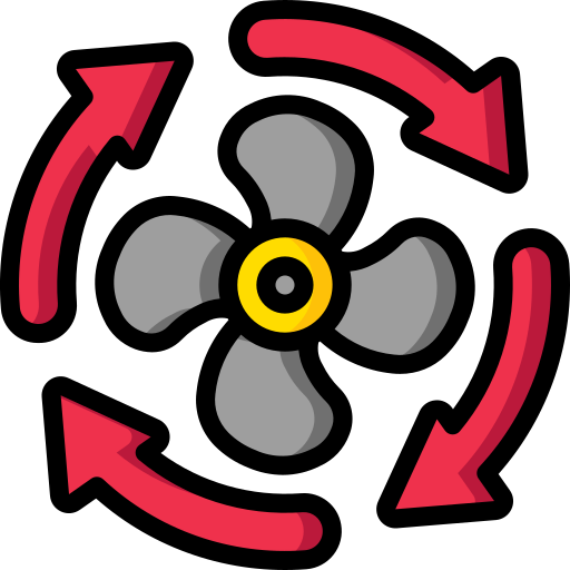 This image features a four-bladed fan in the center, with red circular arrows around it, indicating motion or air circulation. The fan has a yellow and black central hub, with the red arrows curved in a clockwise direction.