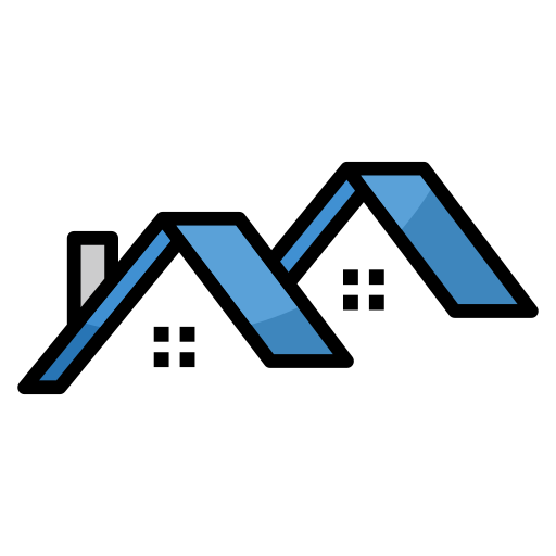 A minimalist logo features three blue geometric shapes resembling rooftops against a black background. There is also a smaller gray rectangle on the left, which could symbolize a chimney. The overall design gives a modern, stylized representation of houses.