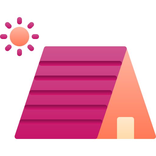 A minimalist illustration of a house with a triangular roof in shades of pink and orange, featuring a small square door. A stylized sun with dots around it is shown in the top left corner, adding a warm and bright atmosphere to the image.
