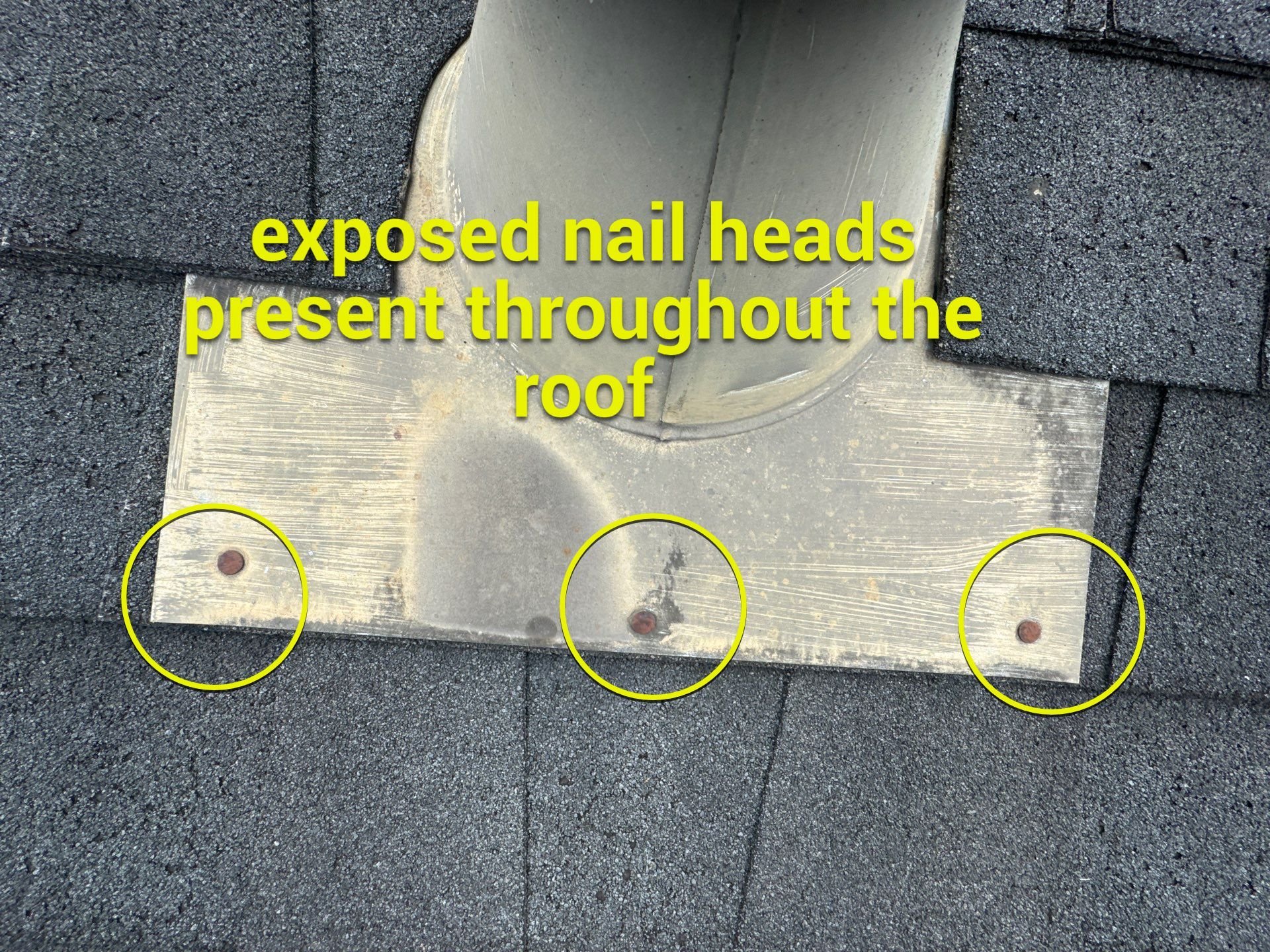 Image of a rooftop with a metal flashing base around a chimney pipe. Three exposed nail heads are circled in yellow, and the text reads "exposed nail heads present throughout the roof.