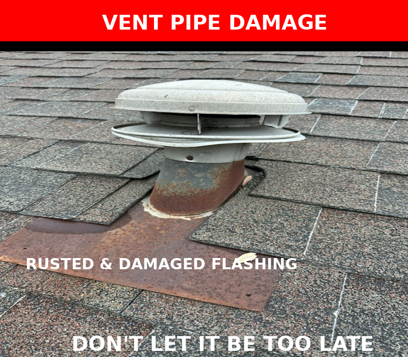 Roof Inspection in Houston: Close-up image of a vent pipe on an asphalt shingle roof with rusted, damaged flashing, and visible signs of wear.
