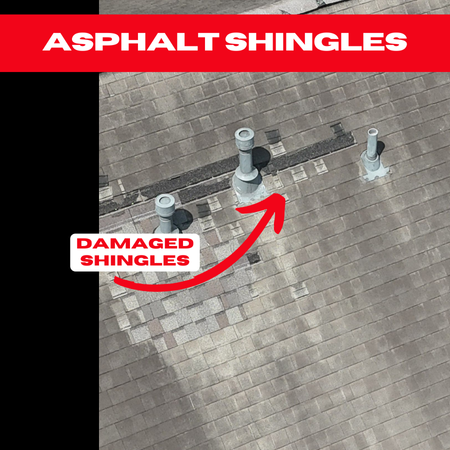 Aerial view of asphalt shingles with severe damage, exposing the underlayment and increasing the risk of roof failure.