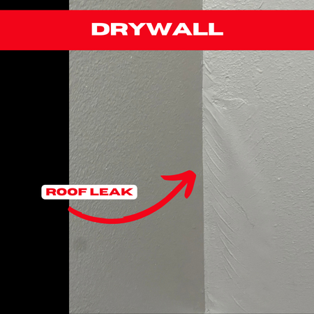 Close-up of a discolored and water-damaged drywall section, indicating an ongoing roof leak.