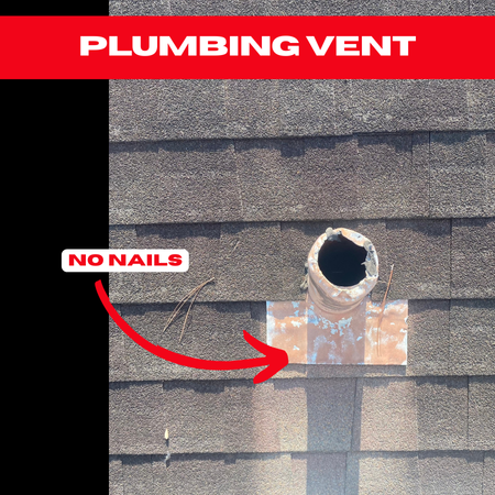 Close-up of an asphalt shingle roof with a plumbing vent that lacks secure fastening, increasing the risk of leaks.