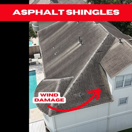 Aerial image of a residential asphalt shingle roof with visible wind damage, showing shifted shingles and potential exposure to water infiltration.