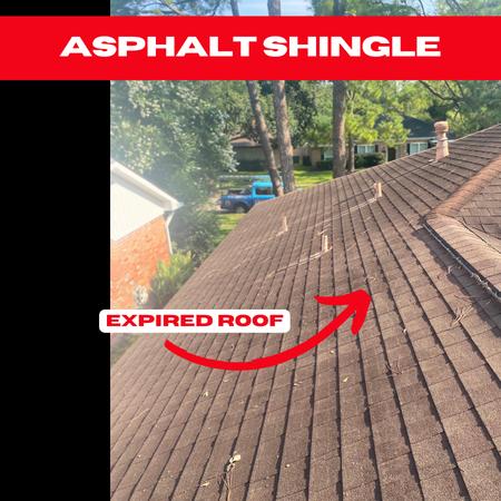 An aging asphalt shingle roof with visible signs of wear and debris, indicating it is past its lifespan and needs replacement.