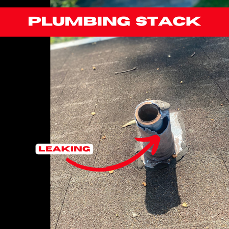 Close-up of a damaged plumbing stack with a deteriorated seal, causing a roof leak.