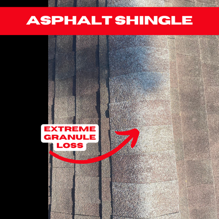 Close-up of asphalt shingles with severe granule loss, leaving the roof vulnerable to leaks and weather damage.