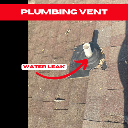a plumbing vent on an asphalt shingle roof, showing signs of water leakage and poor sealing.