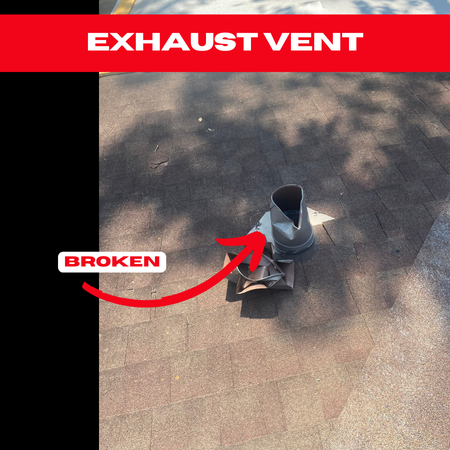 everely damaged and collapsed exhaust vent, increasing the risk of roof leaks.