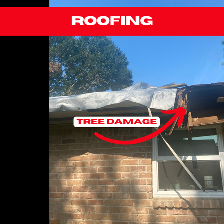 Exterior view of a home with a roof partially covered by a tarp, showing visible structural damage from a fallen tree.