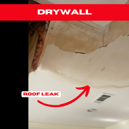 Interior view of a ceiling with extensive water stains and drywall collapse due to a prolonged roof leak.