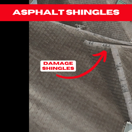 Aerial view of a damaged asphalt shingle roof with worn-out areas, cracks, and missing sections, needing urgent roof repair.
