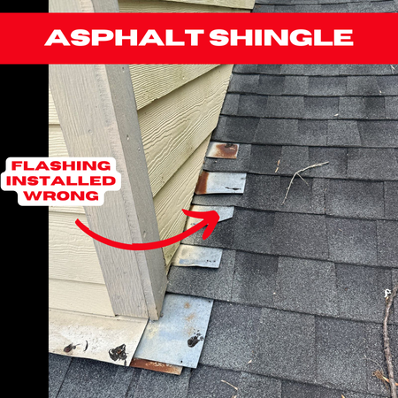 Roof flashing in Houston installed incorrectly, leaving gaps and rust spots that may lead to water infiltration.

