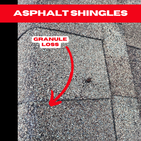 Asphalt shingles in Houston showing significant granule loss, increasing vulnerability to leaks and UV damage.

