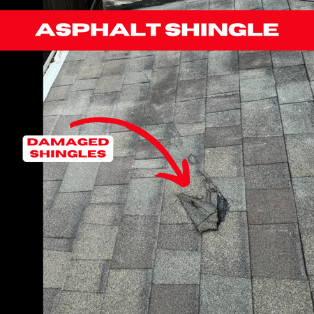 Severely damaged asphalt shingles in Houston with torn and missing sections, exposing the underlayment.

