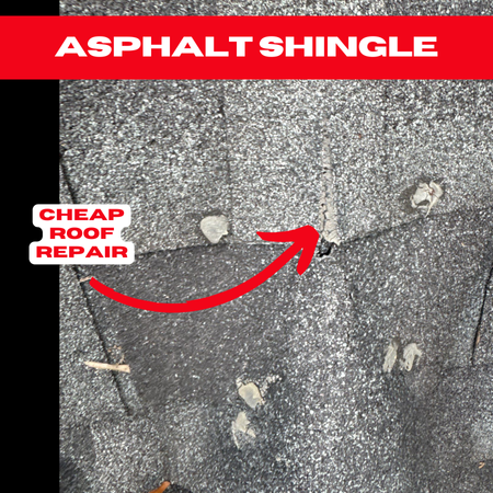Asphalt shingle in Houston with an attempted cheap repair, showing exposed seams and potential for future leaks.

