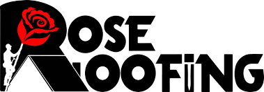Logo for Rose Roofing featuring a red rose within the letter "R" and a silhouette of a person climbing on a roof, which forms part of the letter "A" in "ROOFING." The text is black, and the rose adds a pop of red color.