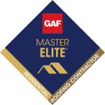 Diamond-shaped badge with a red "GAF" logo at the top, "Master Elite" text in gold, roof graphic in the center, and "Residential Roofing Contractor" written on gold and blue borders.
